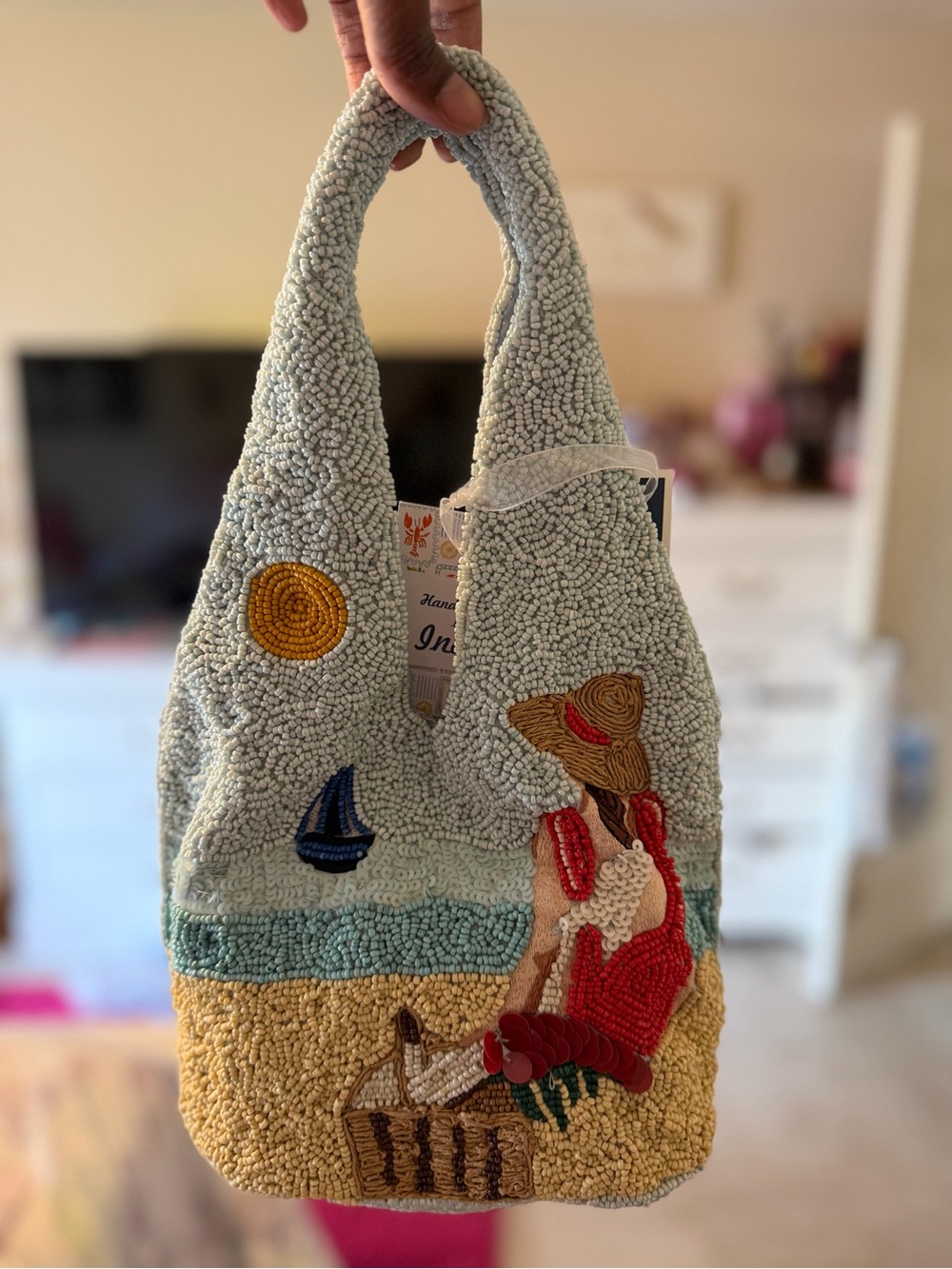 Handcrafted Beaded Lady On The Beach Tote Bag in Light Blue, Yellow and Red